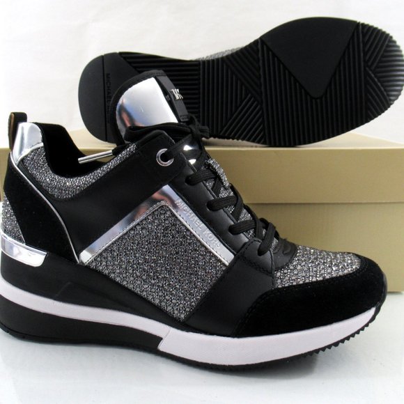 Michael Kors Georgie Trainer Wedge Sneakers Laces MK Logo Black / Grey - Picture 8 of 8